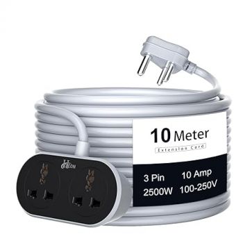 Hoteon Extension Cord 10 Meter, 2500W Extension Board, 10A Heavy Duty Ultra-Long Wire Extension, 2 Universal Outlets Extension Cable, 3 Pins Power Cord Extension for Home Office Indoor