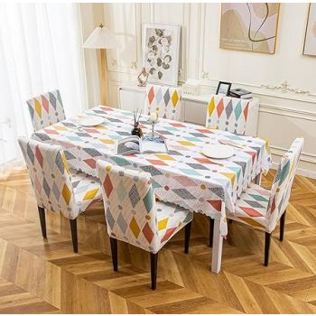House of Quirk Dining Table Cover Waterproof with 6 Chair Covers for Kitchen Dining Table Cloth Dust and Oil Repellent (White Rainbow, 1 Table Cover + 6 Chair Cover)