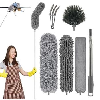 6pcs set Microfiber Feather Dusters with 100 inch Extendable Long rod & Bendable Duster for High Ceiling Cleaning Fan Spider Webs Blinds Furniture Under Appliances gap dust Cleaner Reusable & Washable