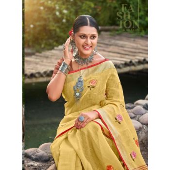 linen weaves fancy embroidery saree( 8 Sets)