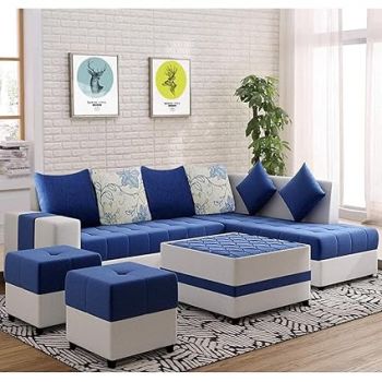 FURNY - Stolino 8 Seater Fabric RHS L Shape Sofa Set with Centre Table & 2 Puffy (Blue-Light Grey)