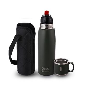 CELLO Duro Cup Style Thermosteel Flask, 500ml, Military Green | 24 Hours Hot & Cold Bottle | Dual Purpose Cup & Cap| Flask for tea coffee | Ideal For Office, Gym, Home, Kitchen,Trekking, Travel Bottle