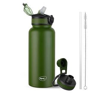 Pigeon by Stovekraft Rush Thermos Stainless Steel Sipper Flask 1000ml with Straw,Cleaner and Additional Screw Cap| 24 Hours Hot and Cold|Ideal Usage for Office Men/Women|School/College|Travel|Green