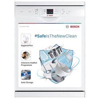 Bosch 13 Place Setting Dishwasher with Intensive Kadhai Program, No Pre-Rinse, 70⁰ Hot water wash, Half Load Option & Extra Cutlery Box (SMS66GW01I, White, Glass Protection Technology)
