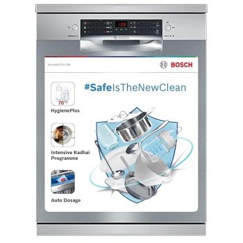 Bosch 14 Place Setting Dishwasher with Intensive Kadhai Program, 70⁰ Hot water wash, 3-Stage Adjustable Upper Rack, No Pre-Rinse, Intensive Zone (SMS46KI03I, Silver, Glass Protection Technology)