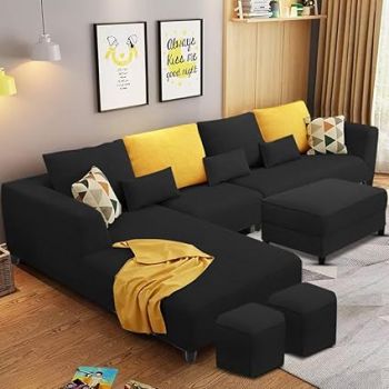 Casaliving Minta LHS 8 Seater L Shape Sofa Set with Ottoman & 2 Puffy for Living Room (Black Fabric)