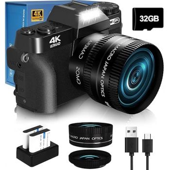 NIKICAM 2024 Upgrade 4K 56MP Digital Camera for Photography Vlogging Camera for YouTube with 180° Flip Screen, WiFi,16X Digital Zoom, 52mm Lens, 2 Batteries, 32GB Micro SD Card(Black)