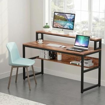 Deskio Computer Desk with Lower Shelf & Monitor Riser, Laptop Table, Study Table, Writing Table, Industrial Table, Workstation, Multipurpose Table – Brown (120L x 60W x 94H Cm)