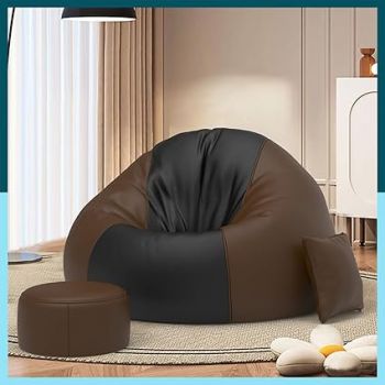 Biggie Bean 4XL Bean Bag Chair with Beans Filled - Bean Bag Sofa with Footrest - 4XL Bean Bags for Living Room, Bedroom - Free Cushion & Footrest - Black Brown - ColorFlex Lounge Combo - Faux Leather