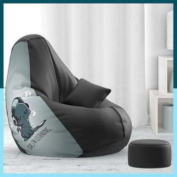 ComfyBean Biggie Bean 4XL Bean Bag Chair with Beans Filled - Bean Bag Sofa - Printed Bean Bags for Living Room, Bedroom - Free Cushion & Footrest - Yah I Am Listening - Black Grey - Faux Leather