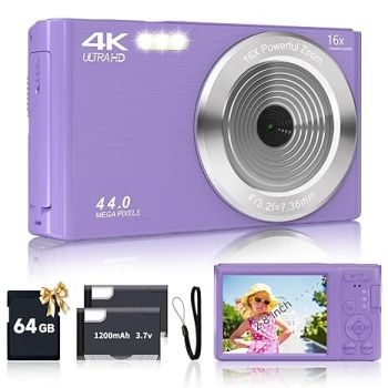 Digital Camera for Teens, FHD 4K 44MP Digital Camera Purple with 64GB SD Card 16X Digital Zoom, Cameras for Photography Compact Point and Shoot Camera for Teen Boys Girls Kids Camera Digital