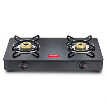 Prestige IRIS Toughened Glass-Top 2 Brass Burner LPG Gas Stove | Black | Spill Proof | Ergonomic Knobs | Tri-Pin Brass Burners |Open