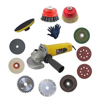 Inditrust WITH 3 MONTHS WARRANTY 950W Multi Use Powerful Grinder With 1Pair Gloves and 11pc Multi type wheel Combo Angle Grinder (100 mm Wheel Diameter) 100% Copper Winding (YELLOW)