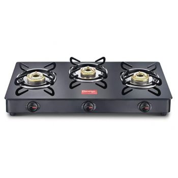 Prestige IRIS Toughened Glass-Top 3 Brass Burner LPG Gas Stove | Black Spill Proof Design | Ergonomic Knob | Tri-Pin Burners |Open