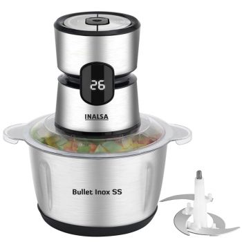 INALSA Bullet Inox SS Electric Chopper|Digital Display|500W Powerful Motor|2L 304 Stainless Steel Processing Bowl| 4Layer SS Blades With Spatula|Chop,Mince,Puree & Dice|2-Yr Warranty