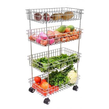 Blairmore Stainless Steel Modern Kitchen Storage Rack Folding Perforated Design Trolley Spice Fruits and Vegetable Onion Potato Organizer Stand Trolley with Wheel Kitchen Trolley -Trollye-4Lear