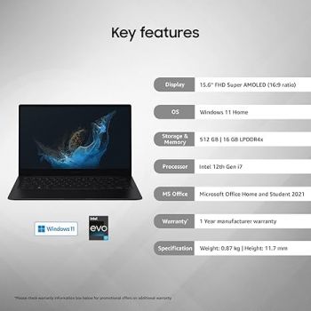 Samsung Galaxy Book2 Pro Intel 12th Gen i7 EvoTM 39.62cm (15.6") AMOLED Thin & Light Laptop (16 GB/512 GB SSD/Windows 11/MS Office/Backlit KB/Fingerprint Sensor/Graphite/1.11Kg), NP950XED-KA1IN