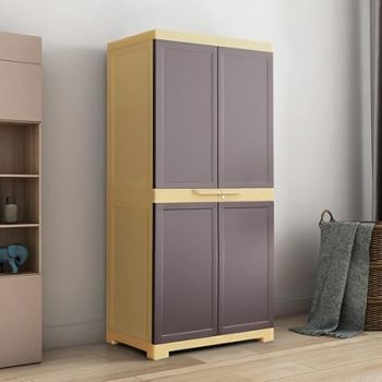 Nilkamal Freedom Big FMM Plastic Cabinet | 3-Year Warranty | 4-Shelf Storage Cupboard with Doors | Multi Organiser for Home, Wardrobe, and Kitchen | Clothes Rack, Shelves, Brown & Biscuit Colour