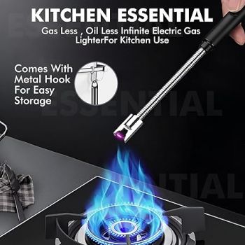 Electric Rechargeable Plasma Gas Lighter for Kitchen, Lighter for Gas Stove, Candles, Pooja, 1 Year Warranty, C-Type USB, Kitchen Tools, Multi Purpose - 360° Flexible & Windproof, Black