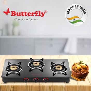 Butterfly Rapid 3 Burner Glass Top Gas Stove | Auto Ignition | Scratch Resistant Toughened Glass | Brass Burners | Skid-proof Legs | 1 Year Manufacturer's Warranty | Black