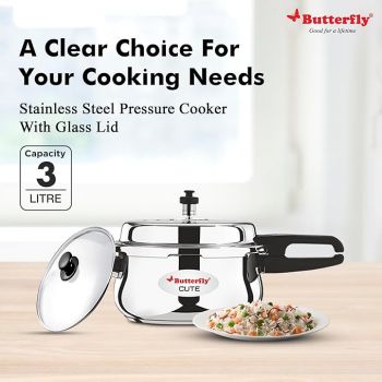 Butterfly Cute Ss Induction Compatible Outer Lid Stainless Steel Pressure Cooker With Glass Lid 3 liter, Silver