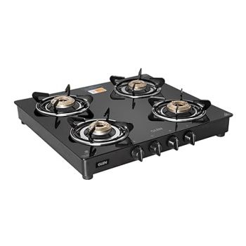 Glen 4 Burner Toughened Glass Top | LPG Gas Stove | Brass Burners | Black | ISI Certified | 1043 GT BB BL (Manual)