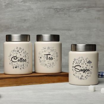 dudki Iconic Colourful Tea Sugar Coffee Container Set Of 3 |Kitchen Counter Top Airtight Stainless Steel Storage Canister With Lids For Coffee (BEIGE), 800 milliliter/Each Jar