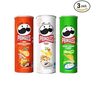 Kellogg's Pringles Sour Cream & Onion + Desi Masala Tadka + Pizza Flavour(107gram each), Masala, Salted