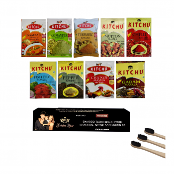 Spices kit  & Bamboo charcoal toothbrush combo (Chilly powder 250 Gm, Coriander powder 100 Gm, Turmeric powder 50 Gm, Black Pepper 25 Gm, Chicken masala 100 Gm, Mutton masala 50 Gm, Sambar Powder 100 Gm, Fish masala 100 Gm, Garam masala 100 Gm. 1 pack Bam