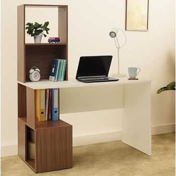 Green Soul Vermont Study Table | 3 Year Warranty | Writing, Computer Desk for Students, Professionals | Engineered Wood | Walnut Brown and White | Wide Surface Top, 4 Shelves| Installation Provided