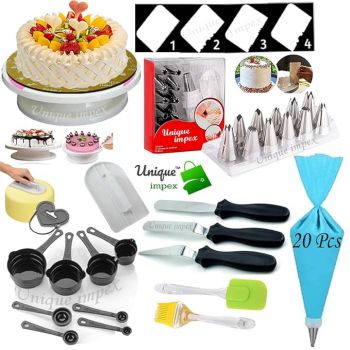 Unique Impex cake making set combo - Cake Turntable + Cake Smoother + 8-Pc Black Measuring Cups + Silicone Spatula and Brush Set + 4 Pcs Set Scraper + 12 Piece Cake Decorating Nozzle Set + 3 Pcs Multi-Function Stainless Steel Cake Icing Spatula Knife (All