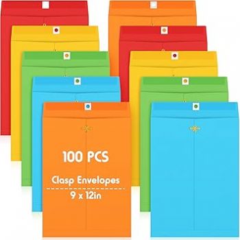 Geyee 100 Pcs Clasp Manilla Envelopes Gummed Colored Envelopes for Storing or Mailing for Home Office Business Supplies(Multicolor,9 x 12 Inch)