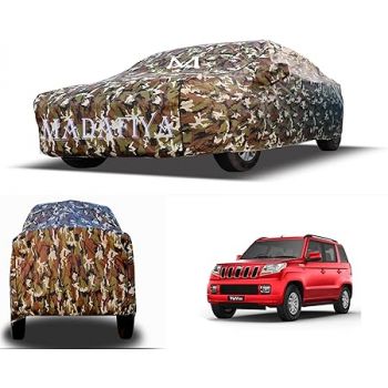 ZAQE 100% Waterproof Car Body Cover Compatible with Mahindra TUV-300 Triple Stitched Bottom Elastic Dustproof UV Heat Resistant Full Body Protection (Jungle Woolen)