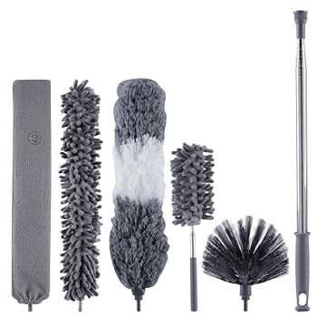 5PCS Microfiber Duster with Extension Pole, Qolixs Feather Duster Kit for House Cleaning, Bendable Cobweb Duster with Extension Pole 30-100 inches for Cleaning from Floor to Ceilings