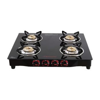 Butterfly Smart 4 Burner Glass Top Gas Stove | Manual Ignition | Scratch Resistant Toughened Glass | Brass Burners | Skid-proof Legs | 1 Year Manufacturer's Warranty | Black