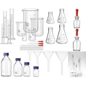 Borosilicate glassware Kit includes Beakers, Measuring Cylinders, Conical flask. Dropping Bottles, Volumtric FLasks, Dropper and Culture Media Bottle (36 items)