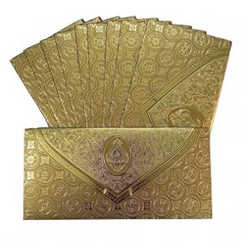 Vanya Creations Pack of 10, 3 Fold Taj Royal Design Shagun Envelopes for Gifting Cash Money Cover Metallic Finish Paper Tuck Flap Designer Fancy Sagan Lifafa Wedding, 19 X 9 cm, Gold Color