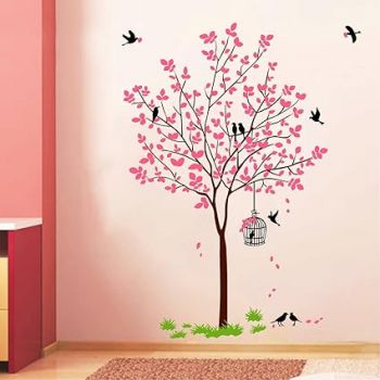 Decal O Decal PVC Vinyl Tree with Birds & Nest Botanical Wall Stickers(Pink,120X90cms),Self-Adhesive