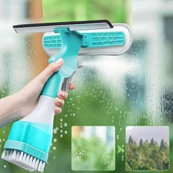 Negro 5-in-1 Glass Window Cleaner Combines a Wiper, Scraper, Brush and Spray Bottle 4 in 1 Kit with Spray Bottle Microfiber Washer Head Home Glass Refillable Bottle Built-in Squeegee, Scrub Pad Spray
