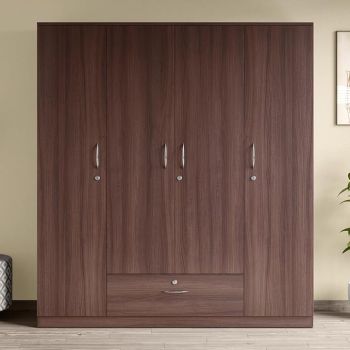 GODREJ INTERIO Wardrobe EWA 4-Door Engineered Wood Wardrobe for Clothes (Brown), 1-Year Warranty, 8 Shelves, 1 Drawer