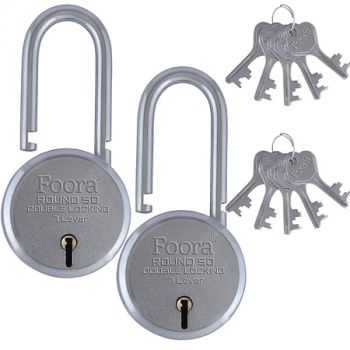 Foora New Round 50mm Lock | Long Shackle | Metal Body | Double Locking | 7 Steel Lever | 5 Silver Keys with Keychain | Silver Finsih | Pack of 2 | Made in India | Export in USA | Canada