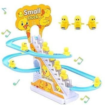 TEC TAVAKKAL Duck Slide Toy Set, Funny Automatic Stair-Climbing Ducklings Cartoon Race Track Set Duck Roller Coaster Escalator Toy with Flashing Lights & Music (Duck Track Set)
