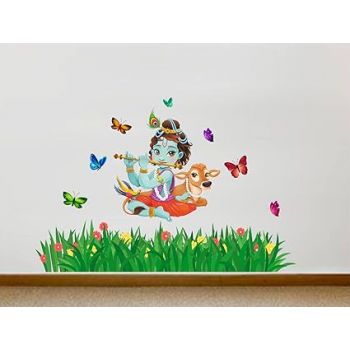 Rawpockets Lord Krishna Flute Singing With Cow And Butterfly Grass Decorative PVC Vinyl Wall Self-Adhesive Sticker (Wall Coverage Area - Height 75 Cms X Width 115 Cms)