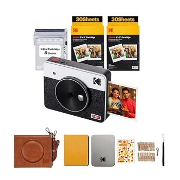 KODAK Mini Shot 3 Retro 4PASS 2-in-1 Instant Camera and Photo Printer (3x3 inches) + 68 Sheets Gift Bundle, White