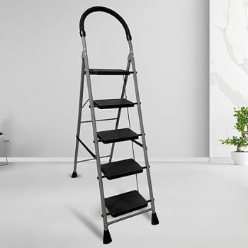 Carbon Steel 5 Step-Ladder For Home | Heavy Duty Foldable Ladder With Wide Ant-Slip Steps And Anti-Skid Shoes