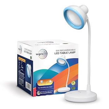 wipro Re-Chargeable LED Table Lamp, Round and Flexible Design with 3 Grade Dimming, 6W Desk Lamp for Study with Adjustable Neck, White, ABS, Pack of 1
