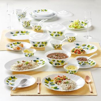 Larah by Borosil Green Leaves Silk Series Opalware Dinner Set | 47 Pieces for Family of 8 | Microwave & Dishwasher Safe | Bone-Ash Free | Crockery Set for Dining & Gifting | Plates & Bowls | White