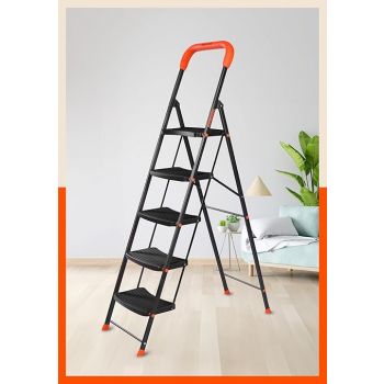 Bathla Ascend Steel 5 Step Heavy Duty Ladder for Home | Wide Anti-Slip Steps | 5 Year Manufacturer Warranty | Safety Hand Grip & Secured Joints (Orange & Black)