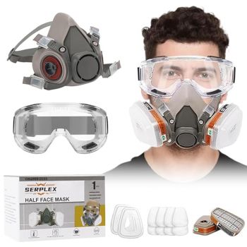 Serplex Gas Mask Set Respirator with Filters and Goggle Activated Carbon Mask Gas Mask Paint Respirator for Epoxy Resin, Wall Painting, Welding, Polishing, Spraying, Mold Removal, Construction