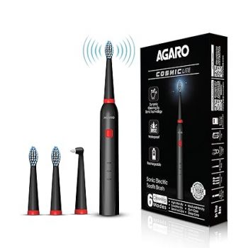 AGARO COSMIC Lite Sonic Electric Toothbrush for Adults with 6 Modes, 3 Brush Heads, 1 Interdental Head and Rechargeable with 3.5 Hours Charge Lasting up to 25 Days, Power Toothbrush, Black